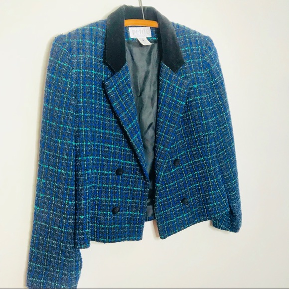 Vintage Retro Plaid Tartan Cropped Velvet Blazer - Picture 3 of 6